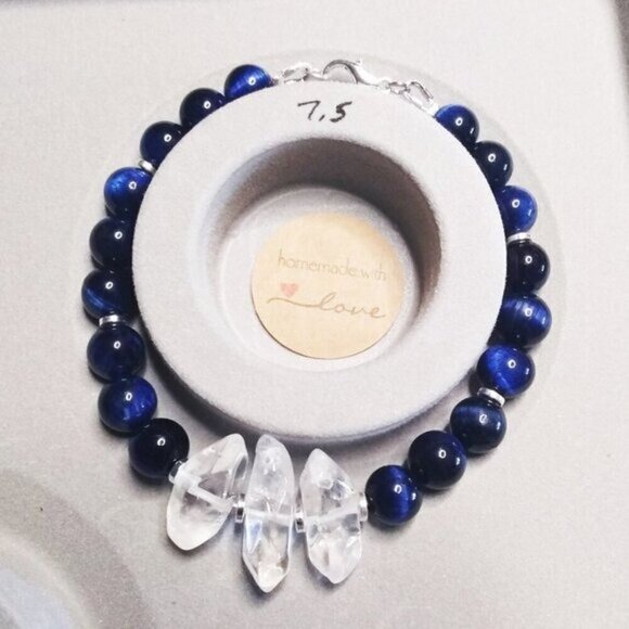 Blue Dye TigersEye & Quartz Crystal Bracelet - 7-7.5" Wrist - Stunning Colors! - Picture 3 of 9